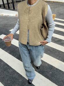 Siren Gaze Herbstoutfit für Frauen Wollweste mit Schnürung, die auf zwei Arten getragen werden kann: Wollweste mit Schlitz und Schleife vorne und hinten, gestrickte Weste