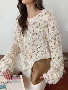 Elyressa 一件时尚蓬松亮片欧式宽松圆领套头毛衣，短款柔软舒适优雅女士冬季款 - 杏色 - 查看 6