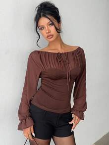 Aloruh Blouse de bureau en mousseline de soie plissée et bicolore avec nœud, couleur café - Marron - Voir 1