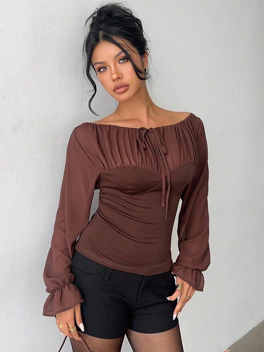 Aloruh Blouse de bureau en mousseline de soie plissée et bicolore avec nœud, couleur café - Marron - Voir 1