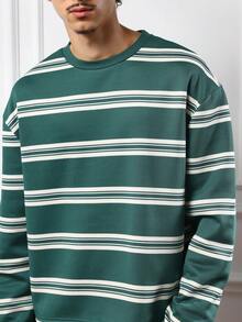 SUMWON Long Sleeve Forest Green Horizontal Striped Crew Neck T-Shirt Oversized Casual Autumn Streetwear Winter Knit Top Regular Fit - Green - View 3