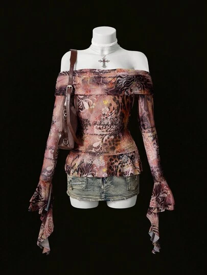 Bloopia Áo trễ vai tay loe bèo nhún phong cách Boho Ombre Paisley Halloween Wasteland Sexy Babe dành cho nữ mùa thu/đông