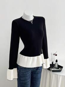 Flirla Women's Fashionable Color Block Tight Fit Sexy Sweater - Black and White - View 1