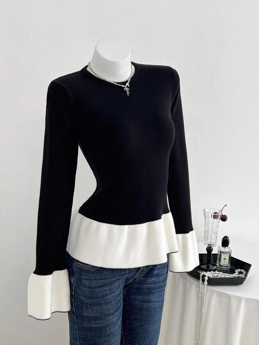 Flirla Women's Fashionable Color Block Tight Fit Sexy Sweater - Black and White - View 1