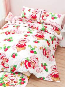 Strawberry Shortcake X SHEIN 3件套可爱卡通人物草莓图案床上用品套装，磨毛面料，柔软保暖，粉色被套+3D蝴蝶结，单人/双人/大号/特大号可选，送礼佳品 - 粉色 - 查看 2