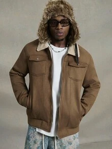PAVTROS Men's Faux Shearling Lined Thermal Lined Jacket, Warm Collar Coat, Going Out Long Sleeve Jacket, For Friends, Husband, Boyfriend Gifts - Brown - View 3