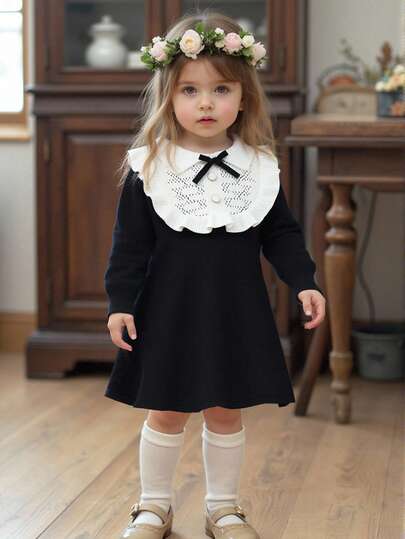 SHEIN Playful Pals Baby Girls Knitted Turtleneck Long Sleeve Sweater Dress, Versatile Black & Beige Color, Elegant Ruffled Hem & Bow Decor, Suitable For Autumn/Winter, Casual, Homewear, Outdoor, School, Travel Black And White Baby Dress Baby Girl Black Dress Black Dress White Collar Baby Baby Girl Black Knit Dress Toddler Black And White Dress Fall