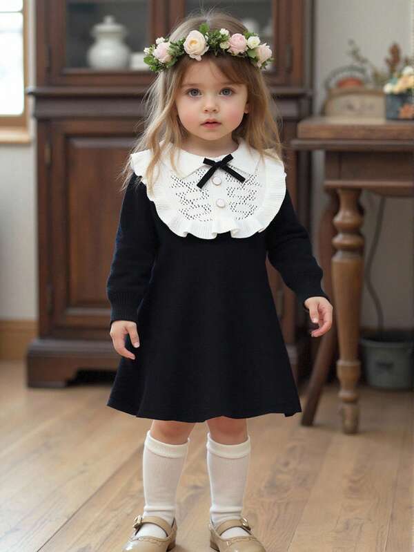 SHEIN Playful Pals Baby Girls Knitted Turtleneck Long Sleeve Sweater Dress, Versatile Black & Beige Color, Elegant Ruffled Hem & Bow Decor, Suitable For Autumn/Winter, Casual, Homewear, Outdoor, School, Travel Black And White Baby Dress Baby Girl Black Dress Black Dress White Collar Baby Baby Girl Black Knit Dress Toddler Black And White Dress Fall