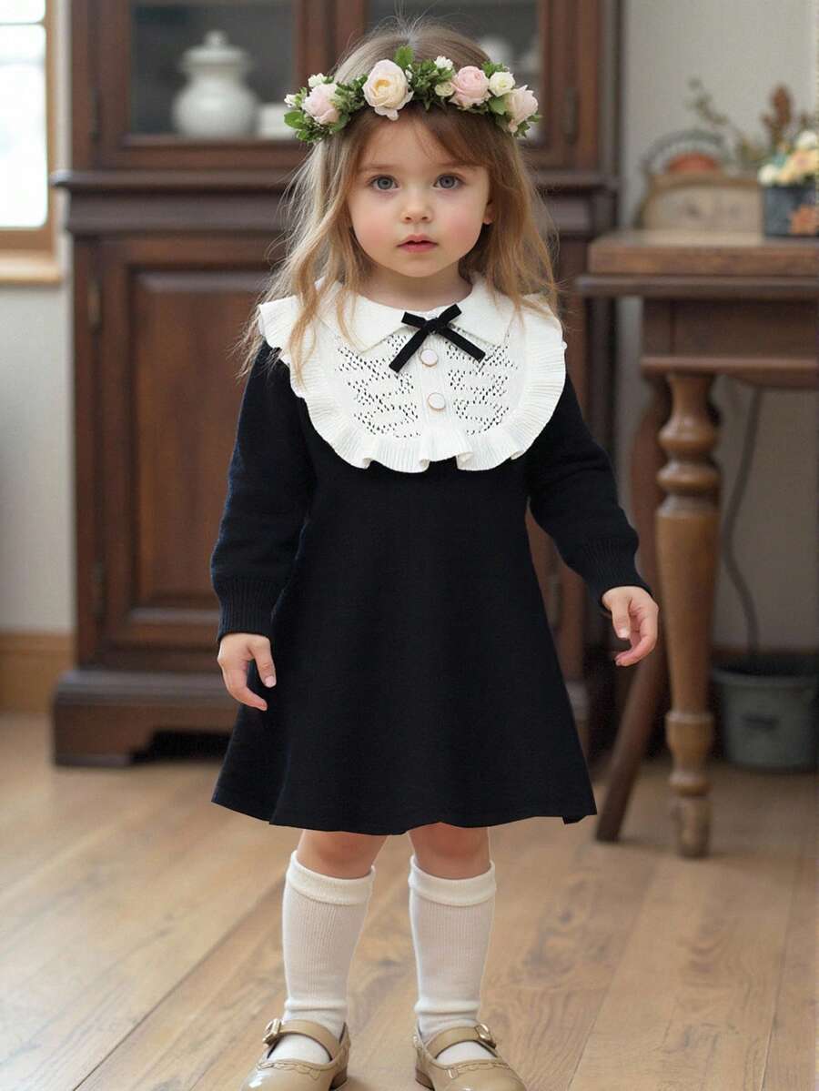 SHEIN Playful Pals Baby Girls Knitted Turtleneck Long Sleeve Sweater Dress, Versatile Black & Beige Color, Elegant Ruffled Hem & Bow Decor, Suitable For Autumn/Winter, Casual, Homewear, Outdoor, School, Travel Black And White Baby Dress Baby Girl Black Dress Black Dress White Collar Baby Baby Girl Black Knit Dress Toddler Black And White Dress Fall