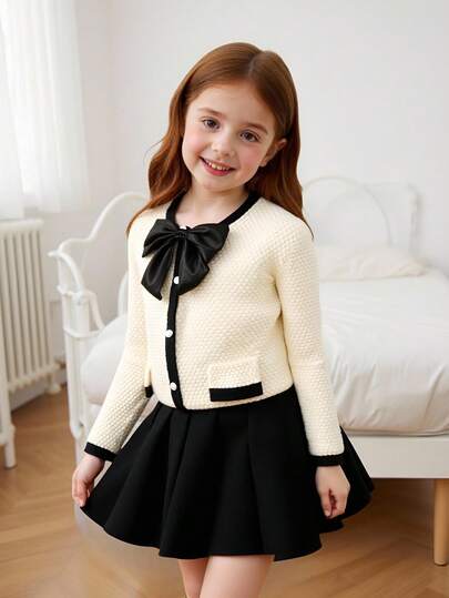 SHEIN Playful Pals Young Girls' Sweet Madeline Black-White Sweater Sets - Tweed Style With 3D Bows, Cardigan + Skirt Two Pieces,Suitable For Autumn/Winter Fall