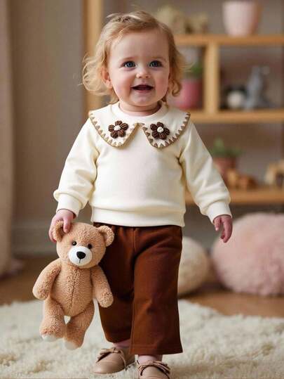 Baby Girl Apricot Outfit, Fashionable, Cute, Casual And Elegant, With Decorative Floral Collar, Suitable For Outings, Parties, Spring, Autumn And Winter Fall