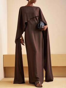 Zivah 2025 Autumn And Winter New Commuting Elegant Casual Vacation Brown Round Neck Sleeveless Long Dress + Asymmetrical Shawl Blouse Women Two Pieces Set, Travel, Commuting, Party, Vacation, Old Money Style, Shopping, Banquet, Elegant, Party, Date,Cozy Fall And Winter Clothes For Women
