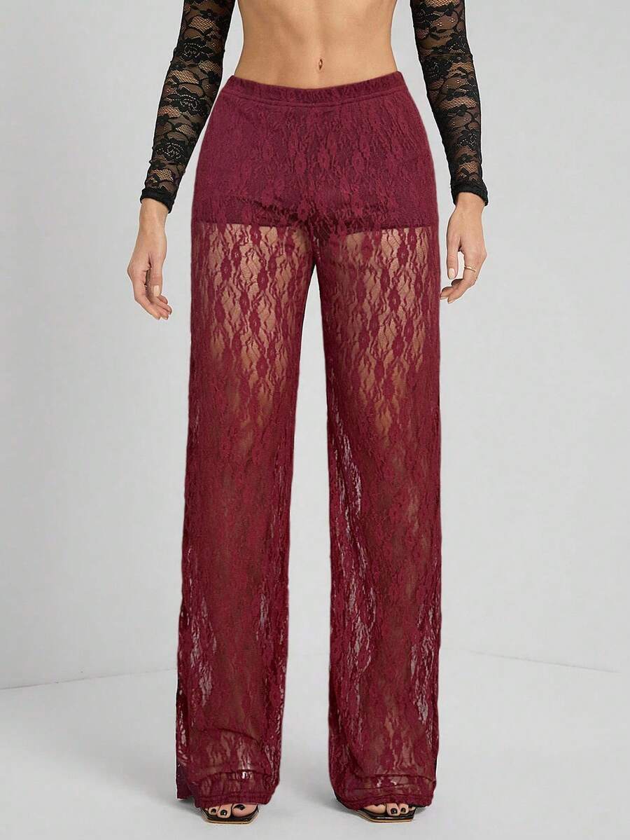 SHEIN Tall 女士纯色蕾丝拼接透视优雅时尚长裤 - 酒紅色 - 查看 1