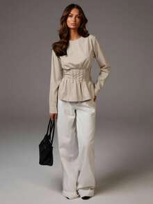 Athîral 女式纯色圆领长袖修身衬衫