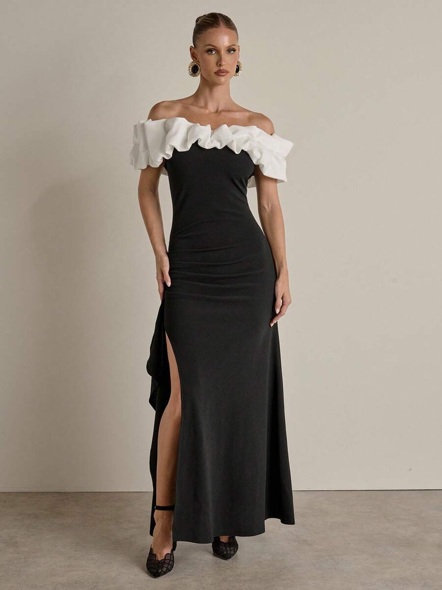 COSMINA 女式撞色露肩荷叶边修身开衩连衣裙 - 黑與白 - 查看 1