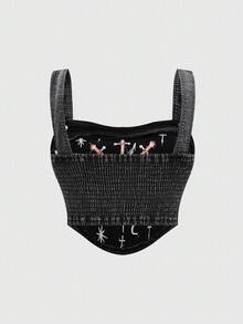 ROMWE Hippie Women's Summer Fashion Heart & Cross Embroidered Denim Blouse - Black - View 2