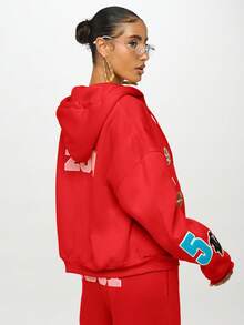 SUMWON WOMEN Varsity Badge Sweatshirt Zip Up Hoodie Patchwork Applique Jersey Numbers Letter Patches Casual Streetwear Fall Winter Loungewear - Red - View 2