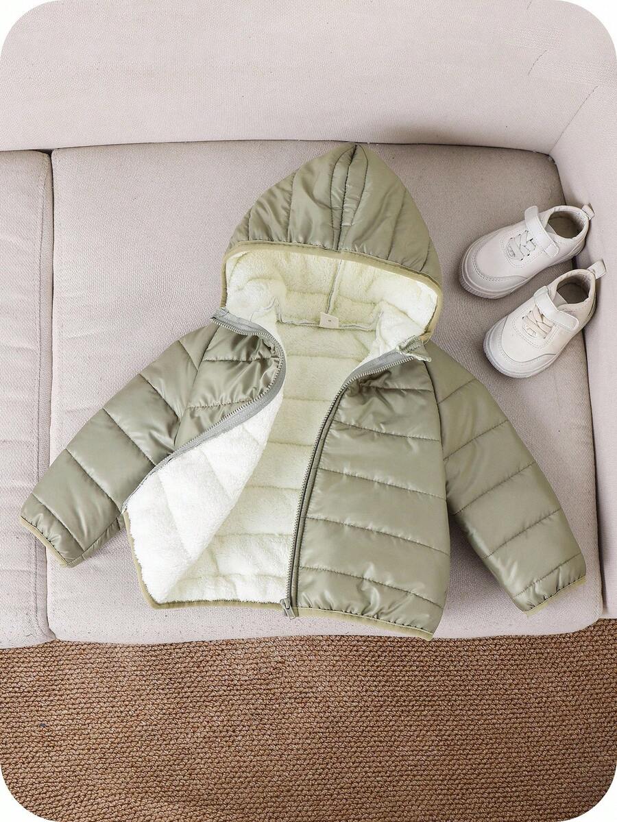 SHEIN 男婴黑色冬季保暖连帽拉链加厚外套，休闲百搭，柔软舒适，适合雪地玩耍，男婴外套