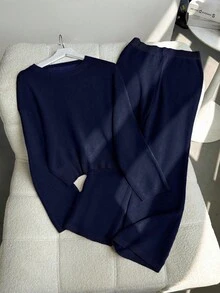 EMERY ROSE New Fashion Autumn/Winter Round Neck Fluffy Loose Casual Slouchy Knitted Wide Leg Pants & Sweater 2 Pieces Set - Navy Blue - View 2