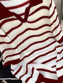 GlowEve CURVE Plus Size Colorblock Striped Casual Knit Top - Burgundy - View 3