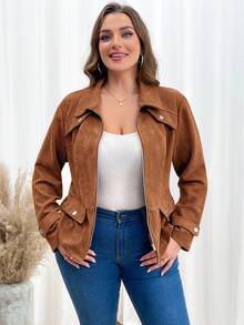 SHEIN Clasi Plus Size Casual Commuter Vintage Jacket, Autumn/Winter - Mocha Brown - View 1