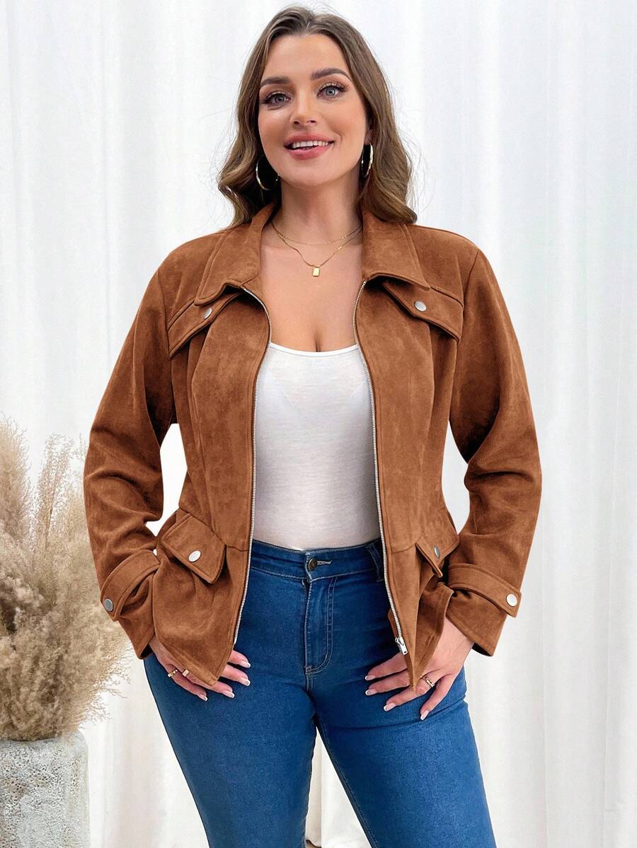 SHEIN Clasi Plus Size Casual Commuter Vintage Jacket, Autumn/Winter - Mocha Brown - View 1
