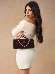 SHEIN SXY 女士，女式手提包，绒面革，棕色，钻石链装饰，时尚，奢华，优雅，简约，个性化，多功能，复古，复古，适合约会，日常，购物，下午茶，鸡尾酒会，派对，舞会，俱乐部，约会，生日，晚上，约会之夜，宴会