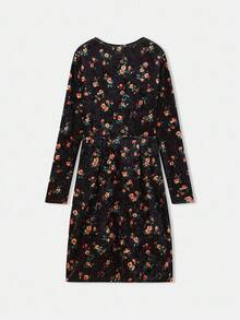 lacRébo 秋季黑色天鹅绒花卉印花裹身中长连衣裙长袖秋季女装秋冬 - 彩色 - 查看 9