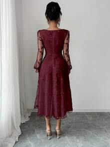 Rafferiza 优雅蕾丝提花连衣裙 - 酒紅色 - 查看 2