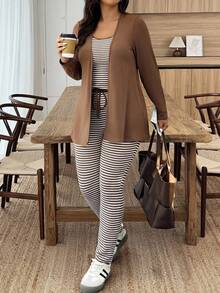 EMERY ROSE Áo khoác cardigan dài tay màu trơn cỡ lớn cho nữ, áo ba lỗ kẻ sọc và quần âu thường ngày - màu nâu - Xem 1