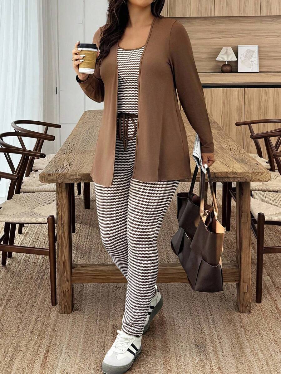 EMERY ROSE Áo khoác cardigan dài tay màu trơn cỡ lớn cho nữ, áo ba lỗ kẻ sọc và quần âu thường ngày - màu nâu - Xem 1