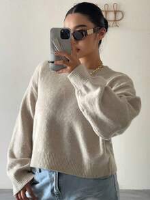 Dazy Plus Einfarbiger, rundhalsiger, langärmeliger, kurzer, modischer, lässiger Pullover-Sweater, Herbst/Winter