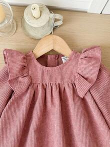 SHEIN Baby Girl Cute Corduroy Loose Ruffled Hem Pink Long Sleeve Dress Fall Winter - Pink - View 7