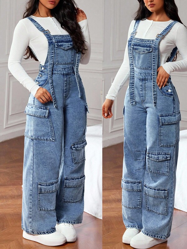 SHEIN PETITE Women's Casual Washed Denim Bib Overalls