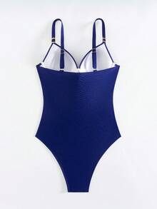 Swim Lushoire Women's Solid Color Shiny Blue One-Piece Swimsuit, Slimming, Defined Cup, Non-Removable Padded, Underwire, Lift & Separate, Metal Decor, Suitable For Beach & Resort, Summer