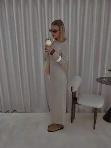 MUSERA 罗纹长袖圆领修身长款连衣裙，街头风可爱优雅休闲性感外出秋季太妃糖色晚宴优雅派对春夏度假装 - 杏色 - 查看 4