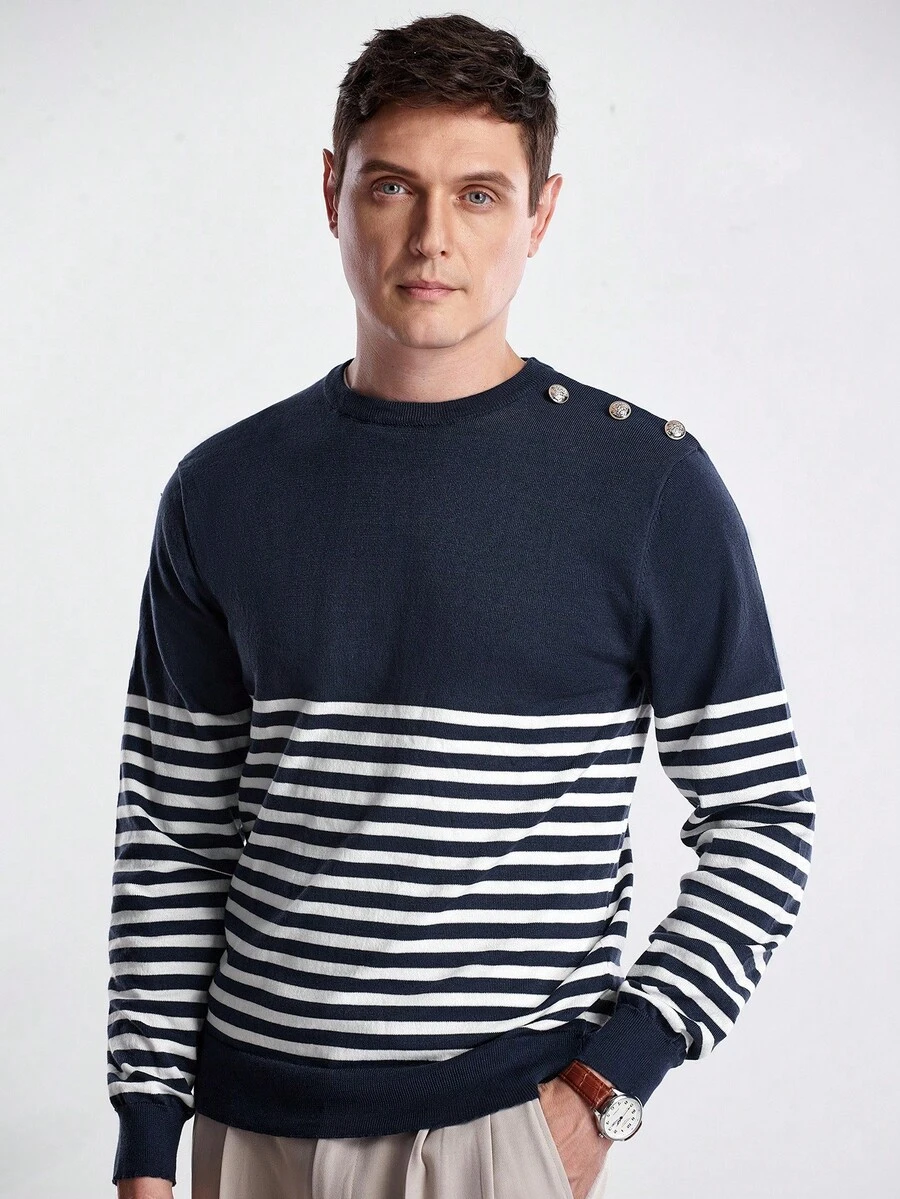 Manfinity CityGents Men's Crew Neck Raglan Long Sleeve Striped Fashionable Versatile Casual Knit Pullover Sweater, For Fall Winter