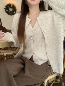 DAZY 2 件套女士休闲碎花雪纺背心开衫套装，秋季 - 米色 - 查看 1