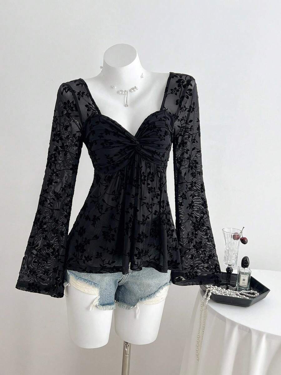 Elamini Camiseta de manga larga con cuello en V, ajustada, con estampado floral y efecto flockado, de estilo sexy y casual, versátil para el otoño - Negro - Ver 1