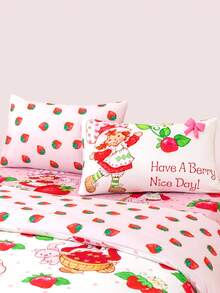 Strawberry Shortcake X SHEIN 3件套可爱卡通人物草莓图案床上用品套装，磨毛面料，柔软保暖，粉色被套+3D蝴蝶结，单人/双人/大号/特大号可选，送礼佳品 - 粉色 - 查看 4