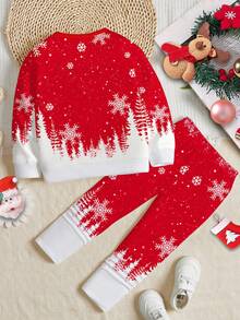 SHEIN Conjunto de 2 peças de moletom e leggings para meninas, casual, de natal, fofo, desenho animado, rena, floco de neve, vermelho, festivo, gola redonda, manga comprida, roupa adequada para outono/inverno - Multicolorido - Ver 3