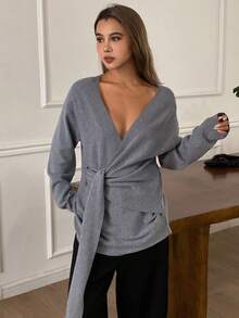 女士纯色宽松斜领系带休闲优雅开衫，秋冬 - 灰色 - 查看 8