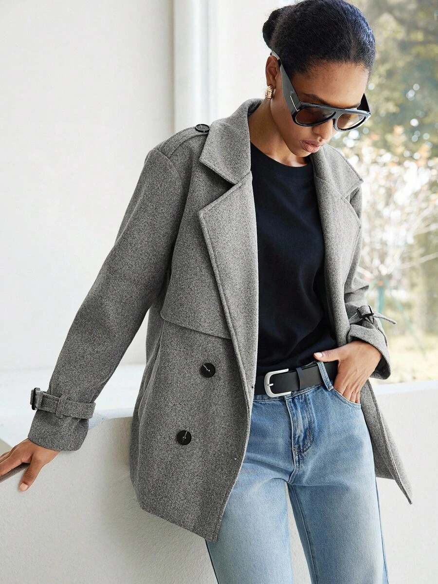 Lumivelle 秋冬时尚通勤双排扣大衣 - 藏蓝色 - 查看 1