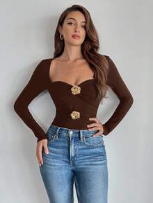 Firerie 女款黑色十字褶皱 3D 花卉长袖上衣 - 棕色 - 查看 3