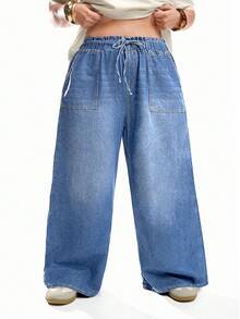 SHEIN ICON Plus Size Relaxed Fit Straight Leg Elastic Waist Jeans, Blue