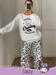 DAZY HELLO KITTY AND FRIENDS | SHEIN 女士毛绒字母和卡通刺绣上衣和宽松全印花裤睡衣套装，冬季，秋季服装 - 米色 - 查看 8