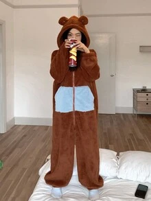 DAZY 加厚抓绒连帽耳罩设计女式连体衣，蓬松柔软，适合冬季和秋季穿着。 - 鏽棕色 - 查看 7