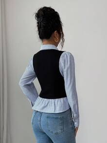 SHEIN Elenzya 女士蓝色罗纹拼接毛绒罗纹面料V领收腰设计优雅教师上衣，精致风格，适合独立日和秋季穿着 - 藍白色 - 查看 2