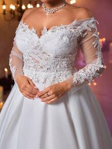 Aureia فستان طويل الأكمام شفاف أنيق فاخر بلون بيج مع تطريز من اللؤلؤ والكريستال، قطع من الشبك والساتان، ذيل سمكة، مناسب للزفاف والحفلات والعطلات