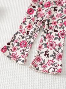 Cozy Pixies 2pcs Baby Girl Cartoon Animal Floral Deer Pattern Knitted Soft Round Neck Ruffle Trim Long Sleeve Sweatshirt & Elastic Waist Slim Fit Flare Pants Set, Suitable For Autumn/Winter, New Year, Indoor, Outdoor, Casual, Skiing, Back To School, Daily, Sports, Play, Party - Multicolor - View 6